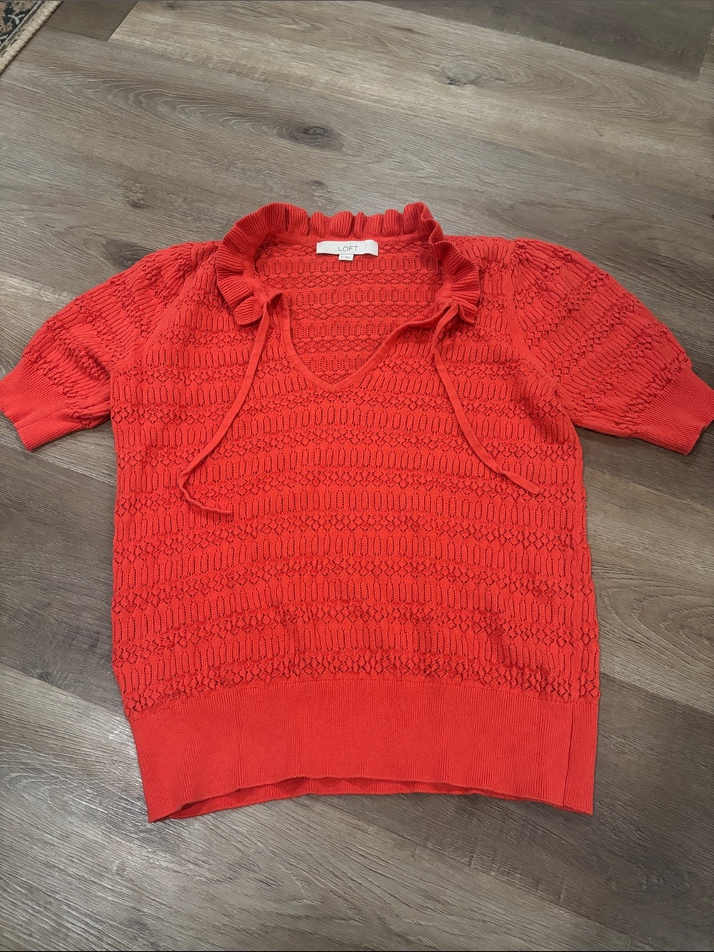 LOFT Coral Ruffled Tie-Neck Short Sleeve Knit Sweater